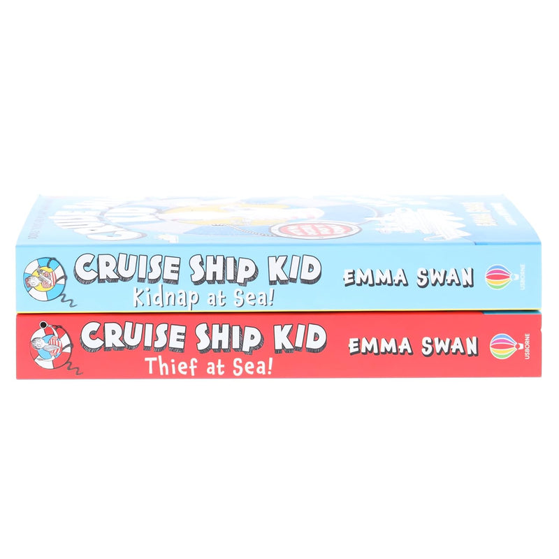 Two Usborne Publishing cruise ship kid series illustrated paperback books by Emma Swan, featuring colorful ship and ocean scenes.