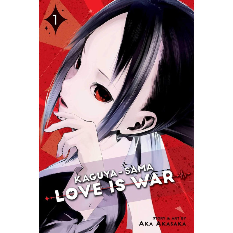 Set of five Kaguya-sama: Love Is War paperback books by Aka Akasaka, featuring colorful manga covers from VIZ Media LLC.