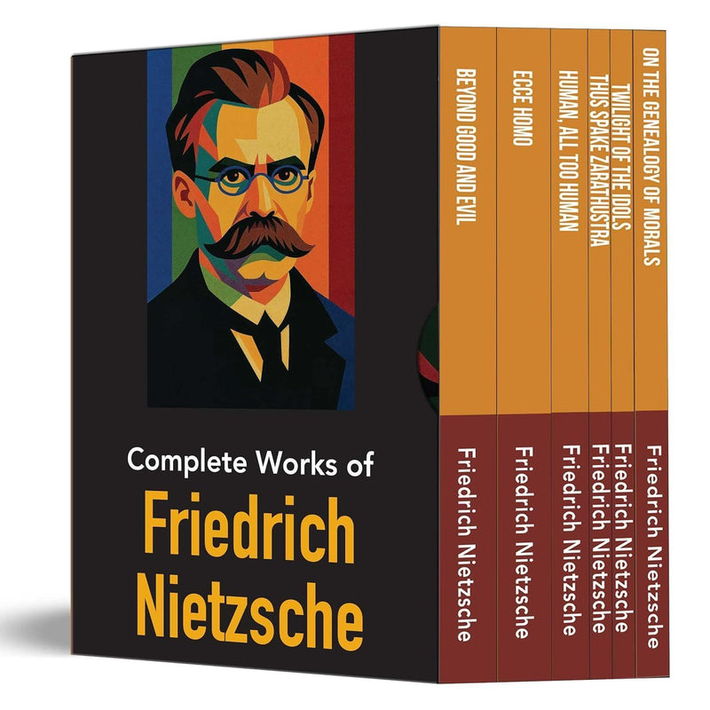 Friedrich Nietzsche Complete Works box set with six paperback books, featuring classic philosophical texts by Friedrich Nietzsche.