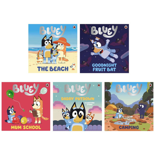 Bluey 5 Picture Book Story Collection Set (The Beach, Goodnight Fruit Bat, Mum School, Daddy Putdown & Camping) - The Book Bundle