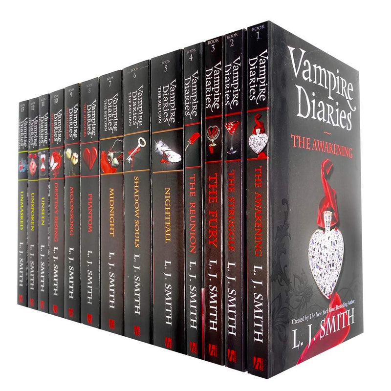 Set of 13 The Vampire Diaries books by L. J. Smith in paperback, featuring spooky fiction with vampire themes from Hodder Children's Books.