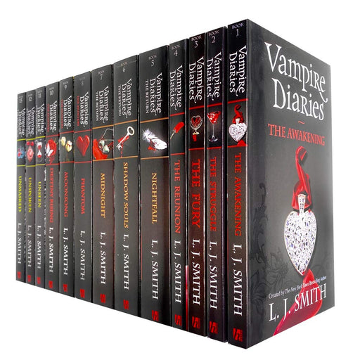 Set of 13 The Vampire Diaries books by L. J. Smith in paperback, featuring spooky fiction with vampire themes from Hodder Children's Books.