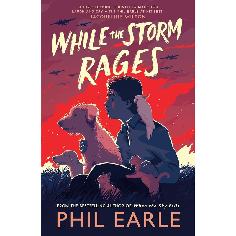 Four paperback books from the "While the Storm Rages" collection by Phil Earle, featuring fiction stories with dramatic covers.