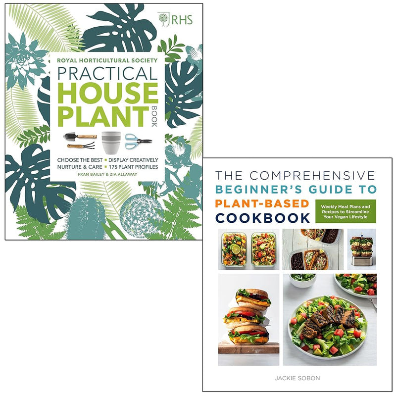 Set of two books featuring house plant care and plant-based recipes by Zia Allaway, Fran Bailey, and Jackie Sobon, with colorful cover images.