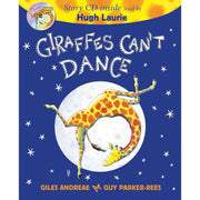 Giraffes Can't Dance book and CD set by Giles Andreae, featuring colorful illustrations of animals and a cheerful jungle scene.