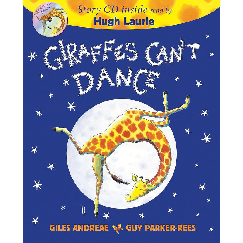 Giraffes Can't Dance book and CD set by Giles Andreae, featuring colorful illustrations of animals and a cheerful jungle scene.