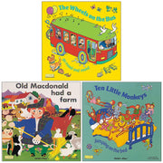 Three children's board books from Child's Play Ltd, including "The Wheels on the Bus" collection by Annie Kuble with colorful illustrations.