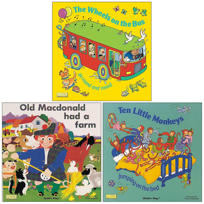 Three children's board books from Child's Play Ltd, including "The Wheels on the Bus" collection by Annie Kuble with colorful illustrations.