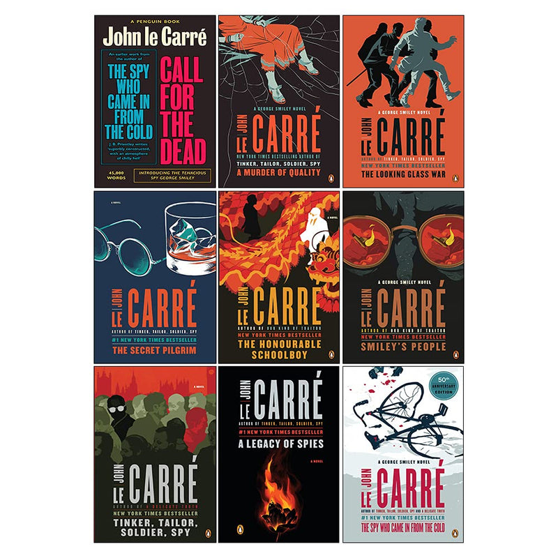 Set of nine John le Carré Penguin Books including Murder, Pilgrim, Schoolboy, Smiley, and more novels in a collector's edition.