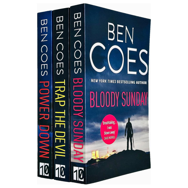 Ben Coes Dewey Andreas book set including Bloody Sunday, Trap the Devil, and Power Down by Canelo Ltd, showing book covers.