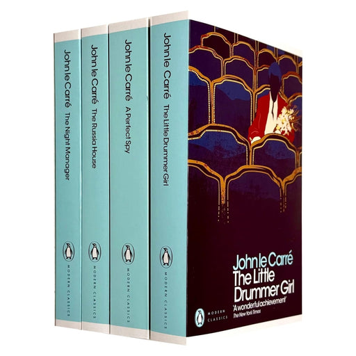Set of four John le Carré books including The Little Drummer Girl, A Perfect Spy, The Russia House, and The Night Manager by Penguin