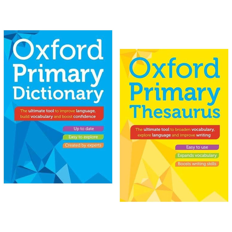 Oxford Primary Dictionary and Thesaurus set by Oxford University Press, hardcover books with colorful covers for young learners.