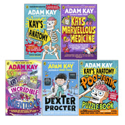 Set of five Adam Kay books including Kay's Anatomy, Marvellous Medicine, Inventions, Dexter Procter, and Poo-tastic Puzzle Book by Penguin UK