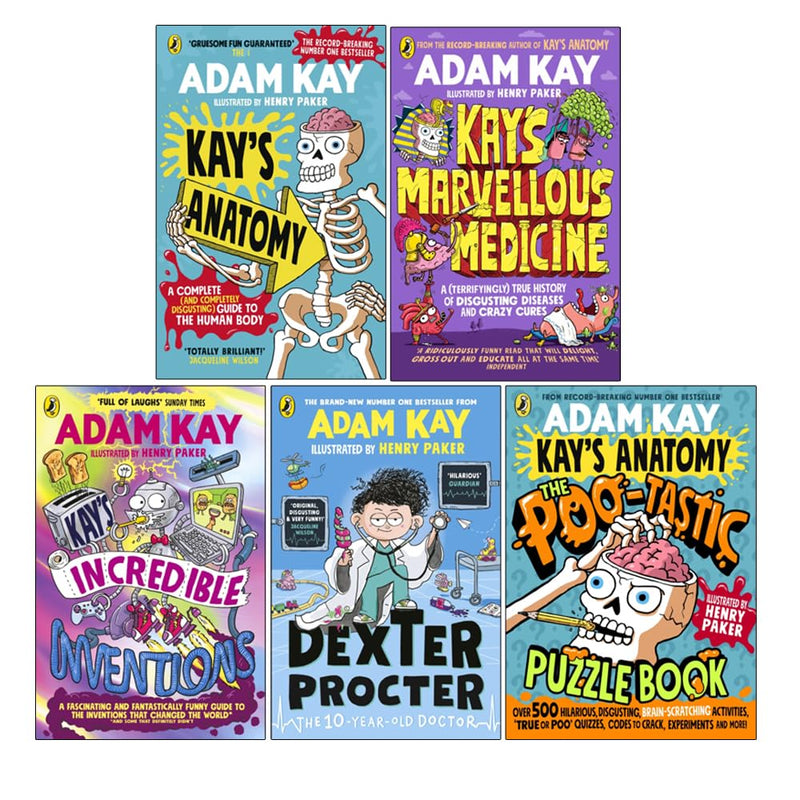 Set of five Adam Kay books including Kay's Anatomy, Marvellous Medicine, Inventions, Dexter Procter, and Poo-tastic Puzzle Book by Penguin UK