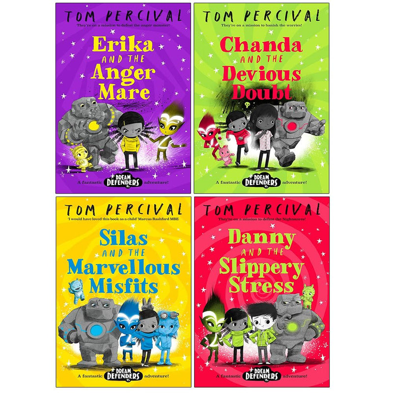 Dream Defenders Series 4 Books Collection Set by Tom Percival (Erika and the Angermare, Chanda and the Devious Doubt, Silas and the Marvellous Misfits, Danny and the Slippery Stress) - The Book Bundle