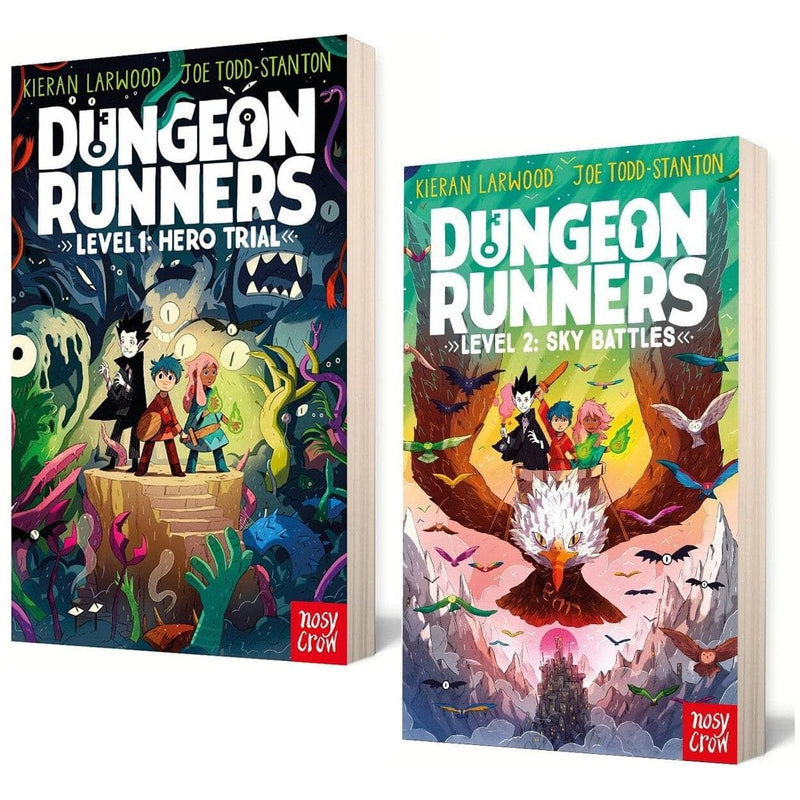 Two illustrated Dungeon Runners books from the Kieran Larwood series, featuring colorful cover art and characters.