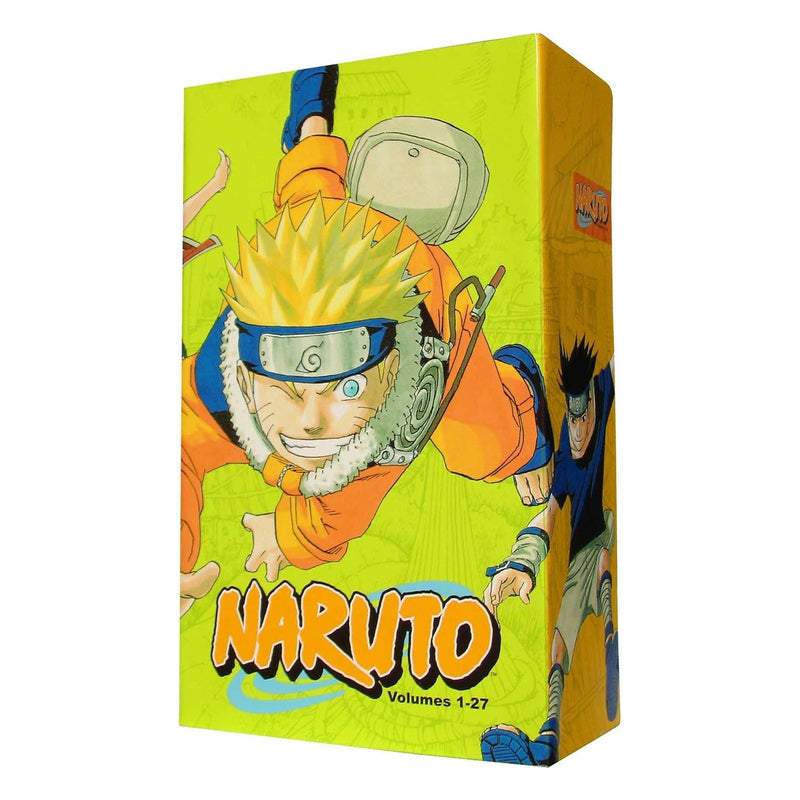 Naruto Box Set 1 by Masashi Kishimoto, includes volumes 1-27 with premium edition, featuring colorful manga covers and spine details.