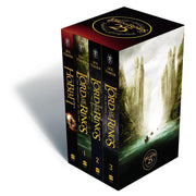 Set of four hardcover J.R.R. Tolkien books including The Hobbit and The Lord of the Rings by HarperCollins, featuring iconic fantasy covers.