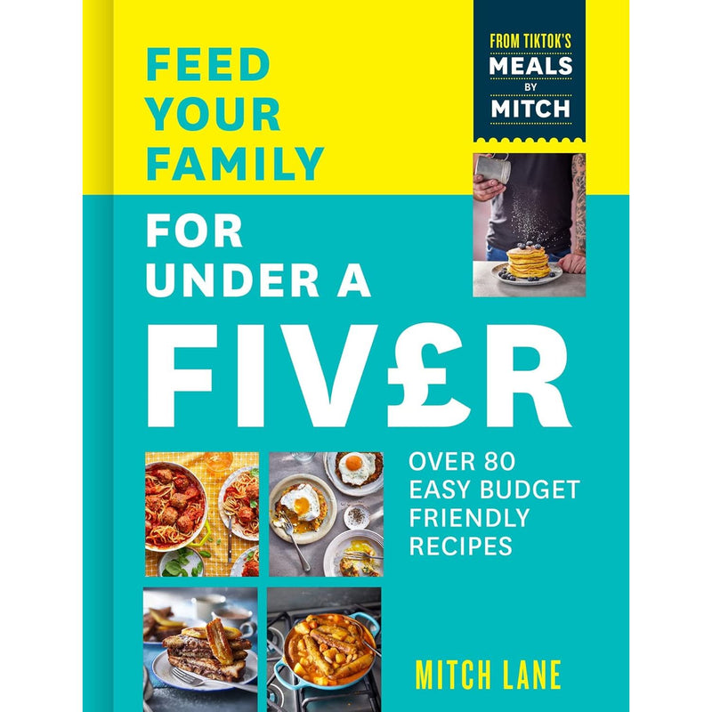 Cover image of "Feed Your Family for Under a Fiver" cookbook by Mitch Lane, featuring colorful illustrations of budget-friendly recipes.