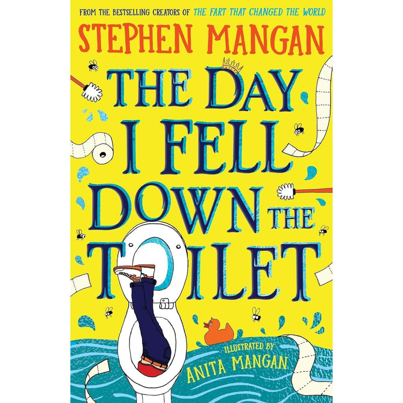 Paperback book set titled "The Day I Fell Down the Toilet" and "The Fart That Saved the Universe" by Stephen Mangan, featuring colorful cover art.