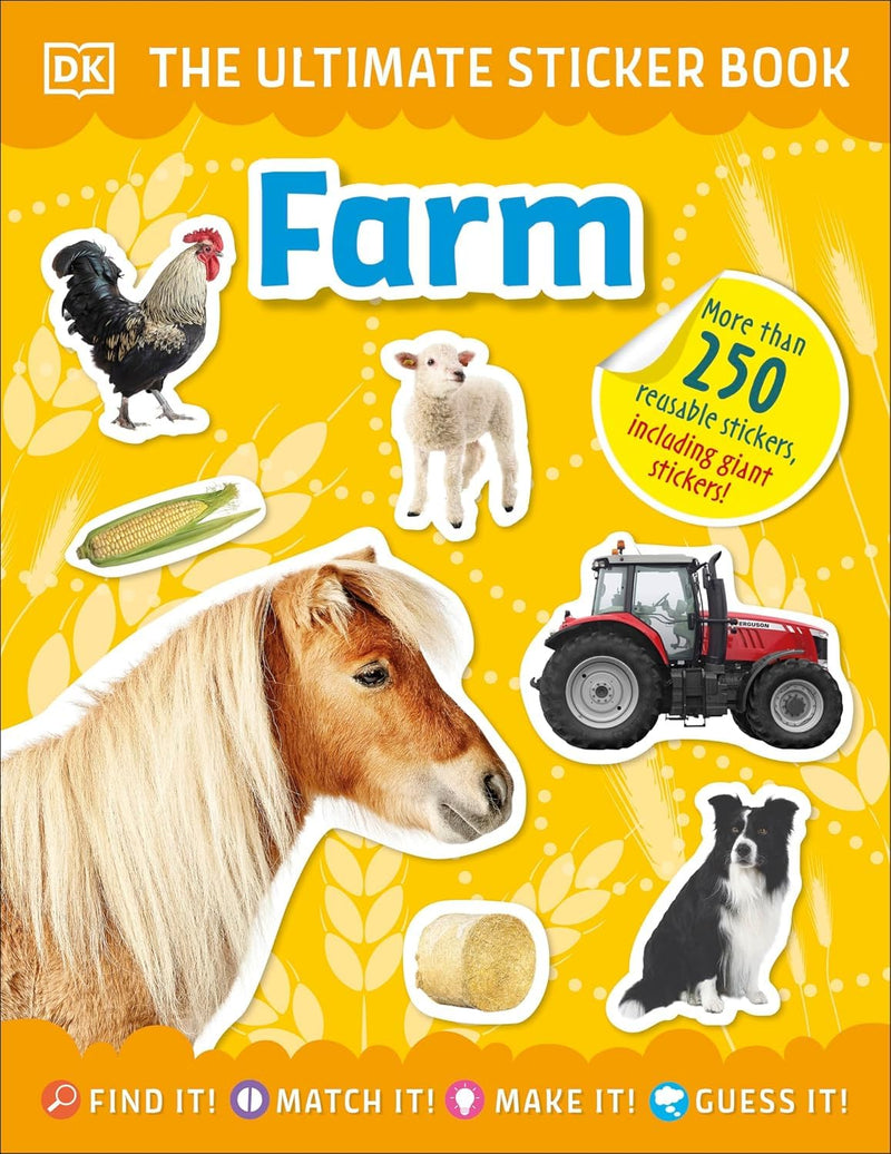 Set of DK Ultimate Sticker Books Series 6 featuring animals, bugs, farm scenes, and sharks with colorful pages and stickers.