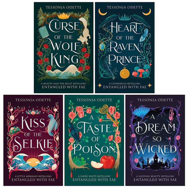Entangled with Fae book collection by Tessonja Odette includes five fantasy novels featuring mystical characters and enchanting covers.