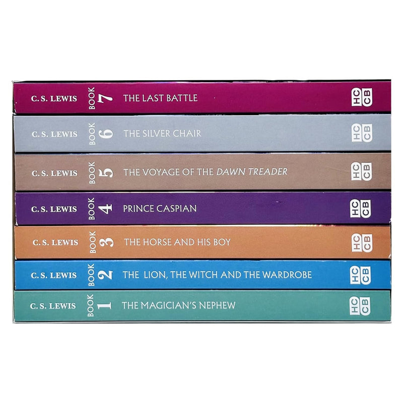 Set of seven hardcover C. S. Lewis Chronicles of Narnia books including The Lion, the Witch and the Wardrobe and The Horse and His Boy
