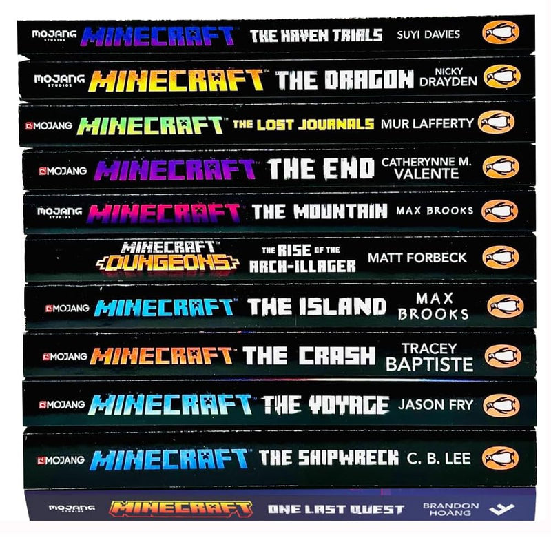 Set of 11 official Minecraft novels by Farshore/Penguin featuring adventure and exploration stories from authors like Brandon Hoàng and Jason Fry.