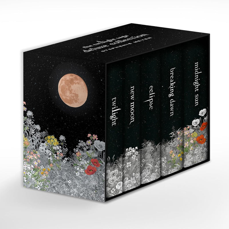 Set of five hardcover Twilight Saga books by Stephenie Meyer, featuring iconic young adult fantasy novels in a box collection.