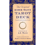 The Original Rider Waite Tarot Deck by A.E. Waite and Pamela Colman Smith, featuring colorful tarot cards laid out on a surface.