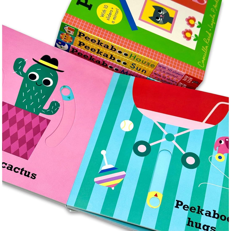 Set of five Peekaboo illustrated board books by Camilla Reid for ages 0–2, featuring colorful, engaging images for early learning.