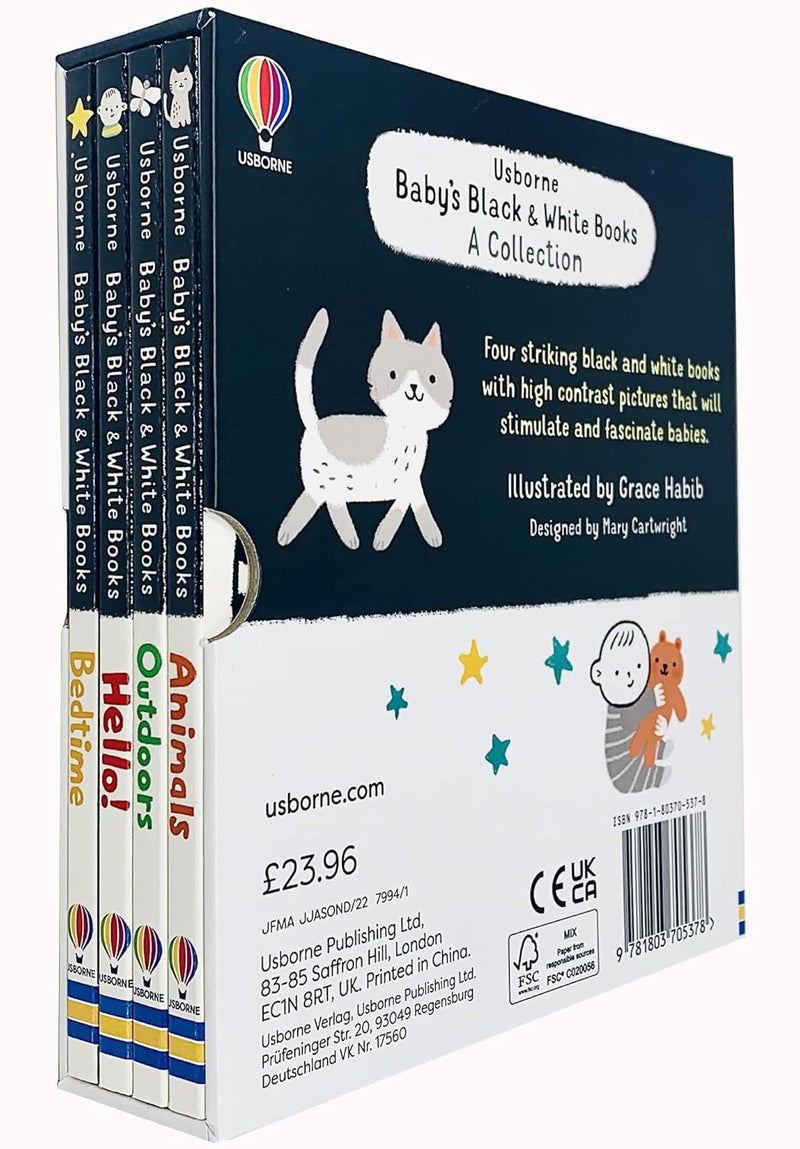 Usborne Baby's Very First Black and White 4 Books Set (Animals, Hello!, Outdoors, Bedtime)