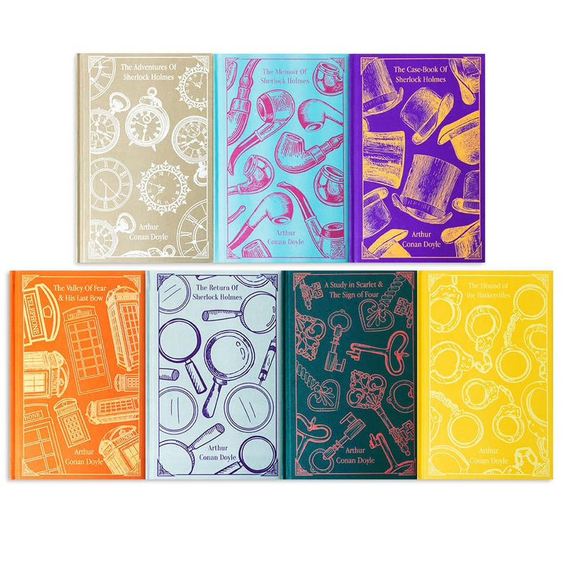 Set of Sherlock Holmes classic editions by Arthur Conan Doyle featuring 7 hardback books including Adventures, Valley of Fear, and His Last Bow.