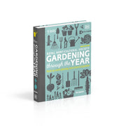Book cover of RHS Gardening Through the Year by Ian Spence, featuring gardening tools and seasonal plant images on a white background.