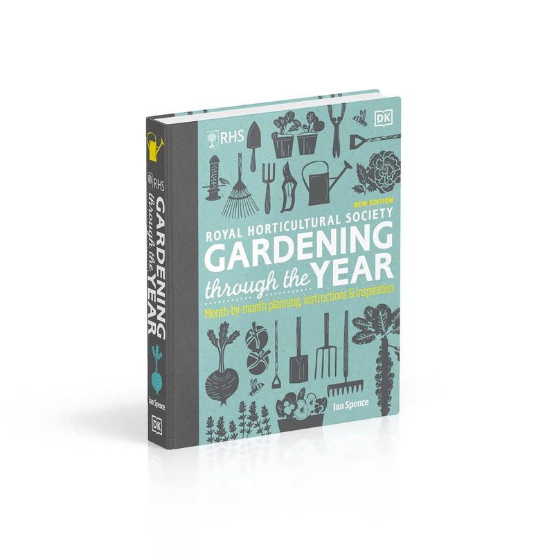 Book cover of RHS Gardening Through the Year by Ian Spence, featuring gardening tools and seasonal plant images on a white background.