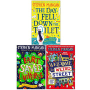 Paperback book set titled "The Day I Fell Down the Toilet" and "The Fart That Saved the Universe" by Stephen Mangan, featuring colorful cover art.