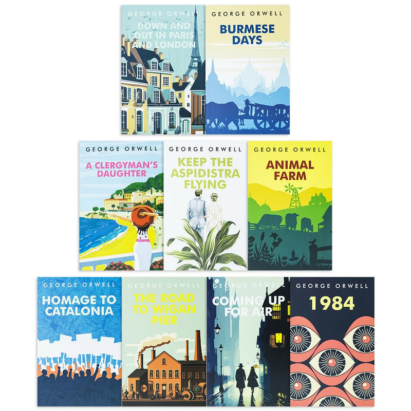 Set of George Orwell classic editions including Homage to Catalonia and Burmese Days, featuring nine hardcover books in a collection.