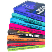 Eight paperback books from Mick Herron's Slough House thriller series by John Murray Ltd, featuring spy and espionage fiction.