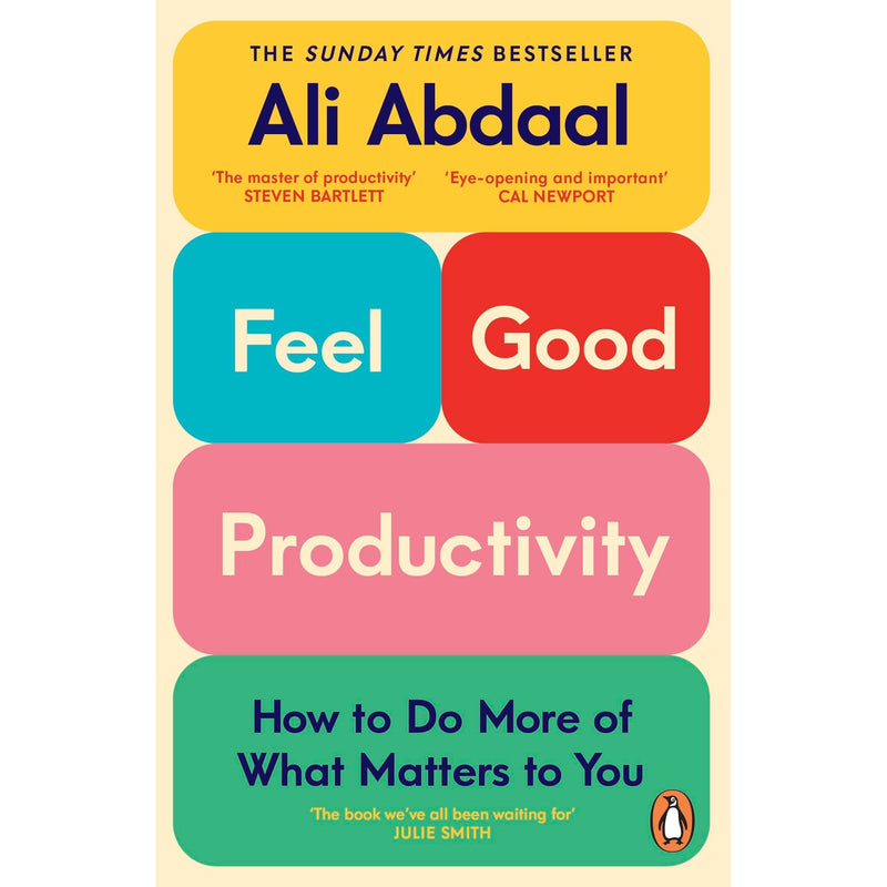 Penguin book titled "Feel-Good Productivity" by Ali Abdaal, featuring a clean cover with a minimalist design.