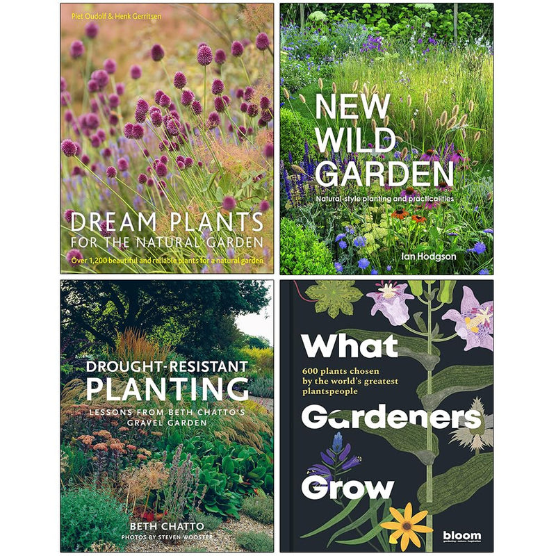 Set of four gardening books by Frances Lincoln Ltd, featuring Dream Plants, Wild Garden, Drought-Resistant Plants, and Gardener's Tips.