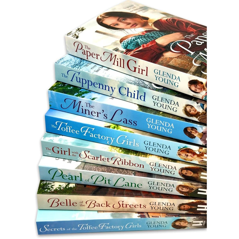 Glenda Young Collection 8 Books Set (The Paper Mill Girl, The Tuppenny Child, The Miner's Lass,Toffee Factory Girls,Girl with the Scarlet Ribbon, Pearl of Pit Lane, Belle of the Back Streets & More)
