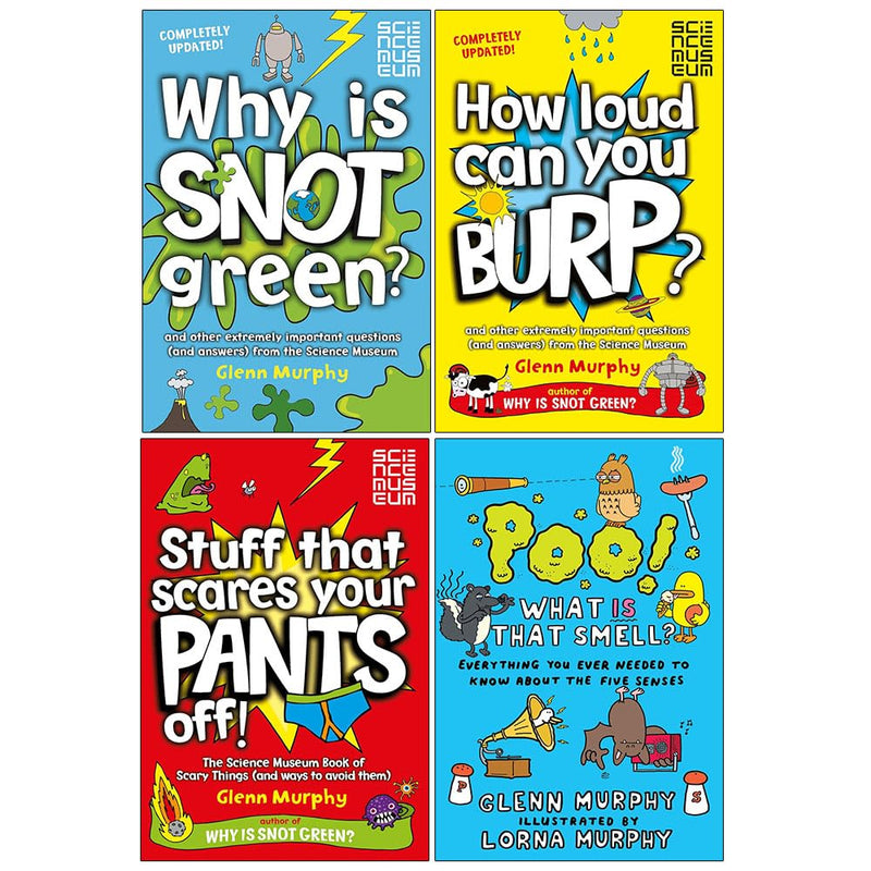 Set of four Glenn Murphy children's books, including "Why is Snot Green?", "Stuff That Scares Your Pants Off," and "How Loud Can You Burp?"