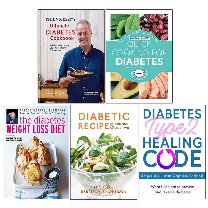 Ultimate Diabetes Cookbook 5-Book collection set by Phil Vickery, featuring diverse recipes for managing diabetes, displayed on a white background.