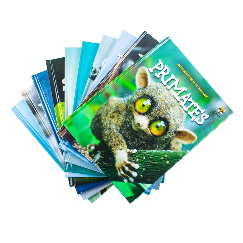 Collection of 10 hardback Nature Discovery books for kids aged 3-8, featuring animals and habitats, published by Fox Eye Publishing.