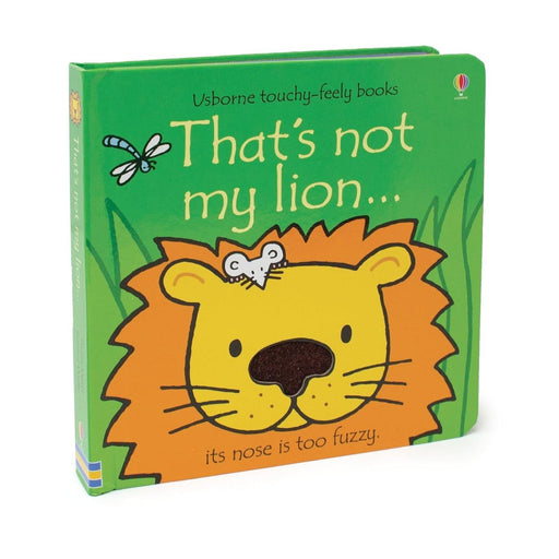 Close-up of the colorful children's board book "That's Not My Lion," featuring fuzzy nose and soft illustrations for ages 0-2.