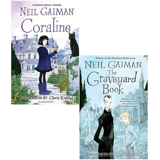 Coraline and The Graveyard Book book collection set by Neil Gaiman and Chris Riddell, featuring two fiction books in mixed formats.