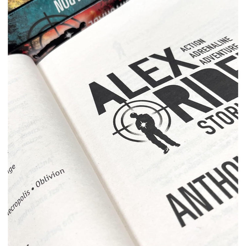 Alex Rider book series by Anthony Horowitz, 14 paperback collection set for ages 9-12, featuring thriller novels in vibrant covers.