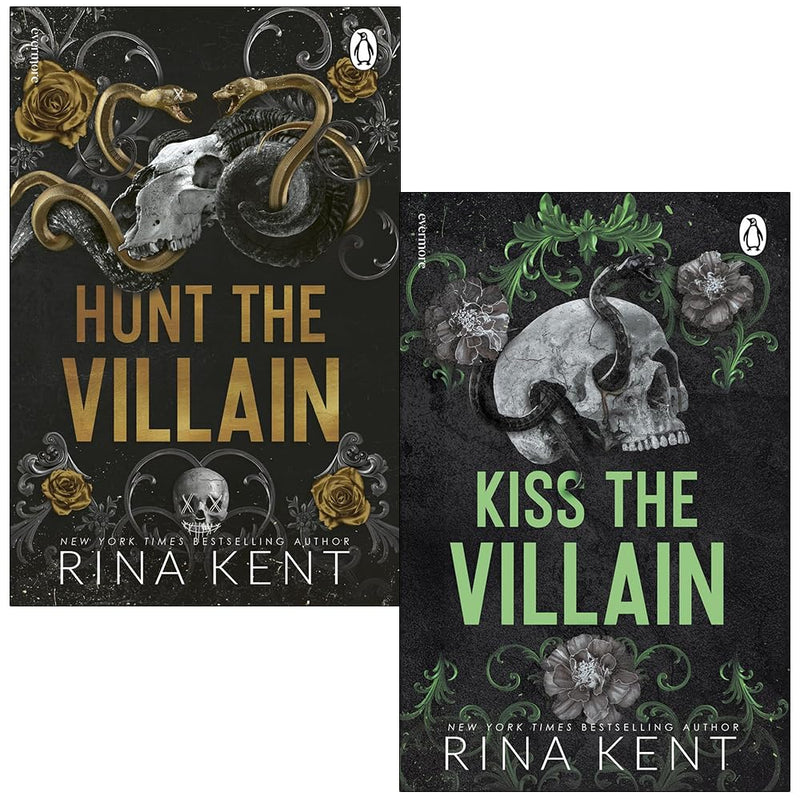 Evermore Ltd The Villains Series 2 Books Collection Set by Rina Kent, featuring Kiss the Villain and Hunt the Villain, with book covers visible.