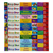Set of 12 Bizzy Bear Board Books by Benji Davies featuring themes like train driver, pilot, captain, rescue, recycling, and deep-sea adventures.
