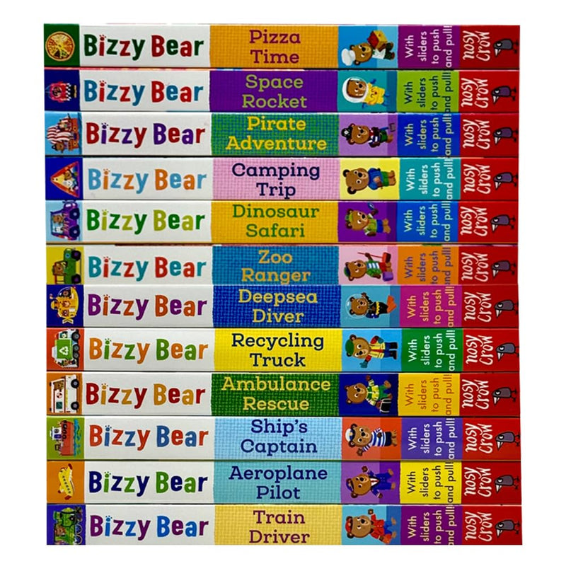 Set of 12 Bizzy Bear Board Books by Benji Davies featuring themes like train driver, pilot, captain, rescue, recycling, and deep-sea adventures.
